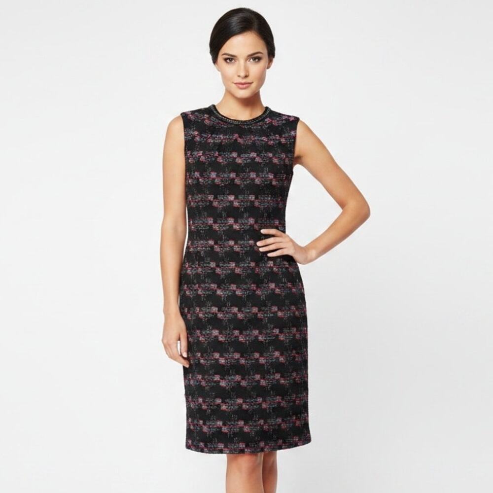 TRINA TURK Good Night Tweed Sheath Dress 14 Black Pink Cocktail Workwear Chain